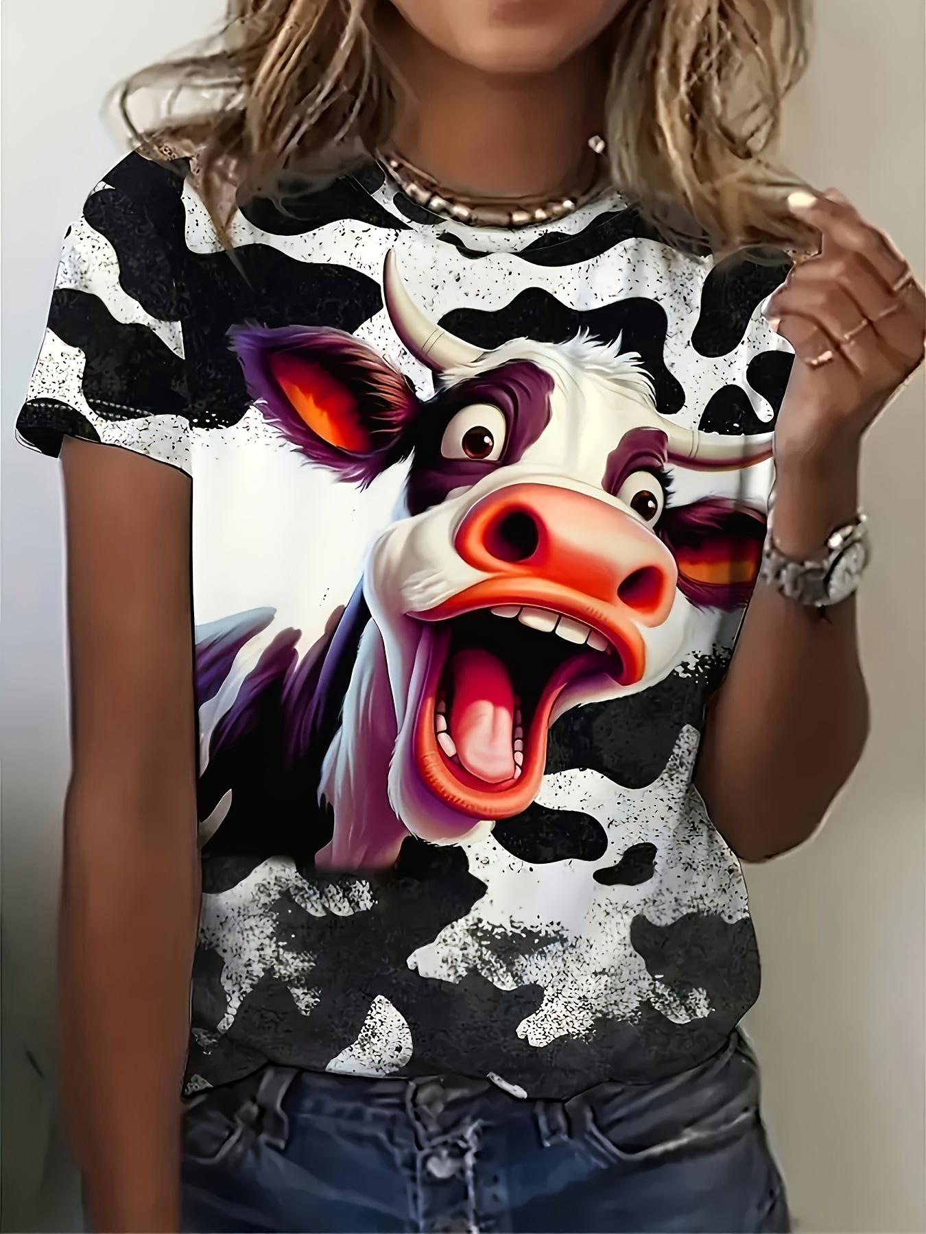 Plus Size Funny Cow Print T-shirt Casual Short Sleeve Crew Neck Top for Summer Women Plus Size Clothing Quick Drying Breathable XL