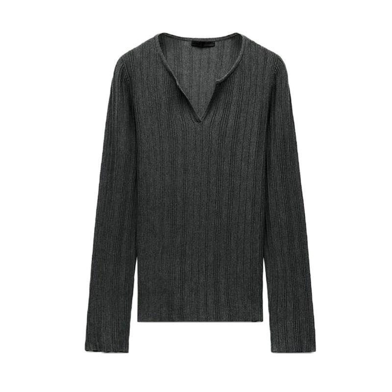 24 Fall and Winter New Women's Clothing Fashion Wind Slit Knitted Rib V Neck Long Sleeves Bottoming Shirt T-shirt 8779464