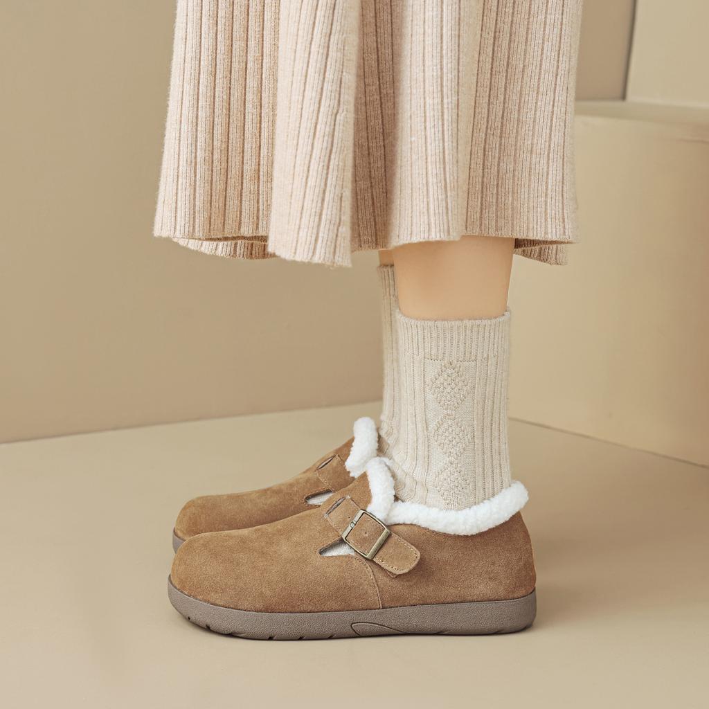 Leather women's winter velvet thick-soled one-pedal single shoes warm cotton shoes