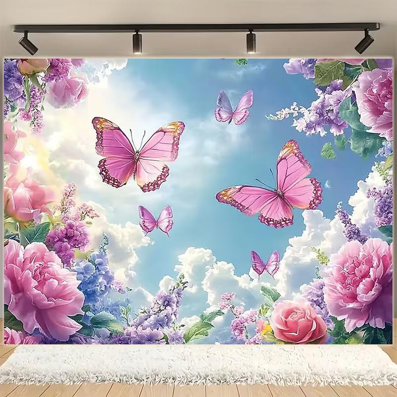 2D Printed Backdrop with Pink Butterflies, Peonies, Roses and Cloudy Sky