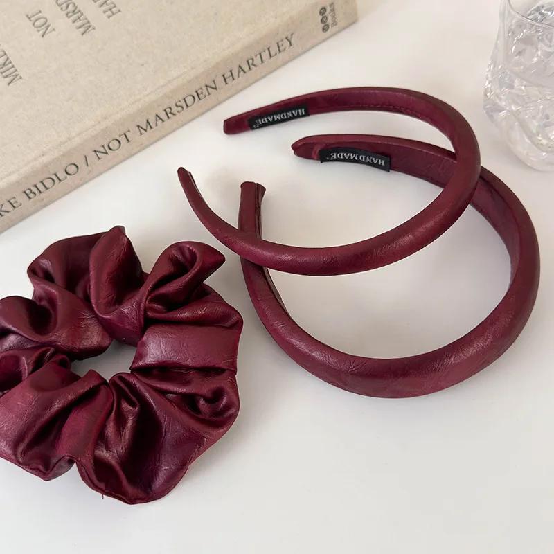 Ancola Red New Autumn Retro Leather Hair Hoop Headbands for Woman Temperament Hair Band Head Rope Female Party Hair Accessories