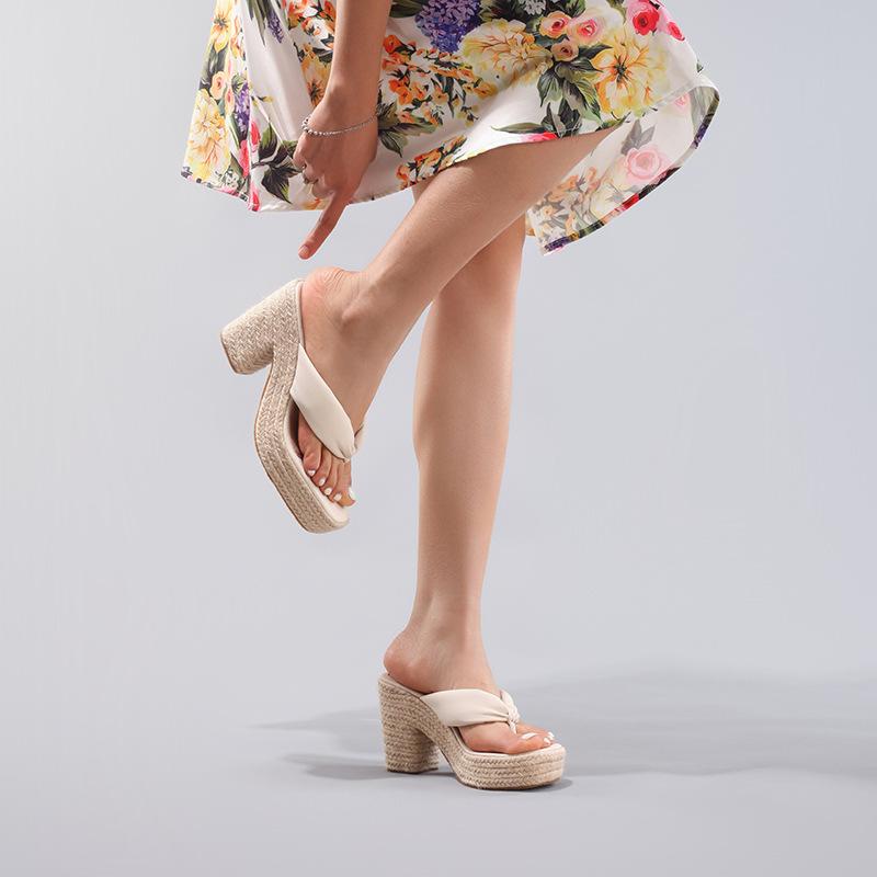 Women's hemp rope slope heel platform sandals toe flip-flops summer vacation waterproof table high heels customized
