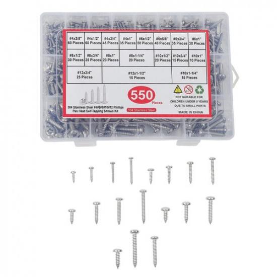 550Pcs 304 SS Wood Screws, Phillips Head #4 #6 #8 #10 #12 Assortment