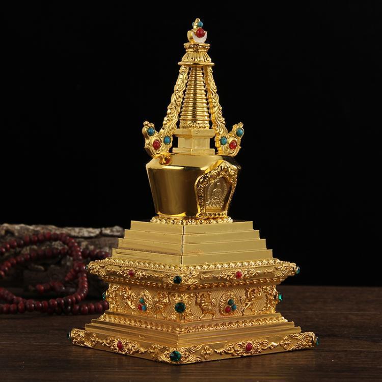 Stupa Sarira Tantrico Tibetano: Porta reliquie oro/bronzo per decorazione buddista domestica.