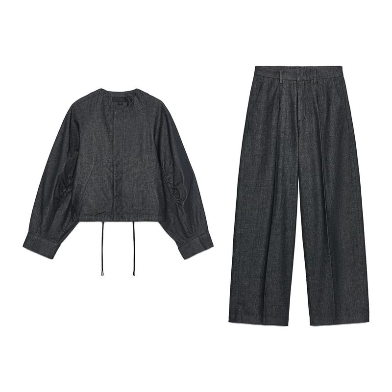 Denim Fluffy Pilot Jacket 5216260 Loose Wide Leg Denim Denim Mid Waist Pleated Pants 9632257