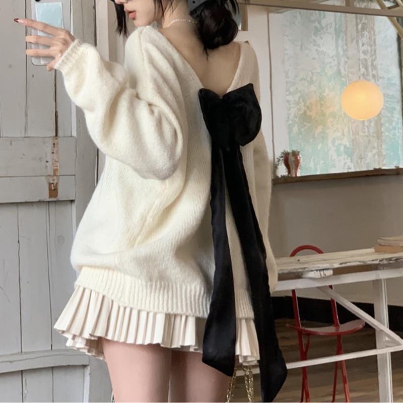 Rückenfreier Schleifen Grauer Alpaka-Wollpullover - Herbst Koreanischer Stil Slim Fit Pullover für Damen