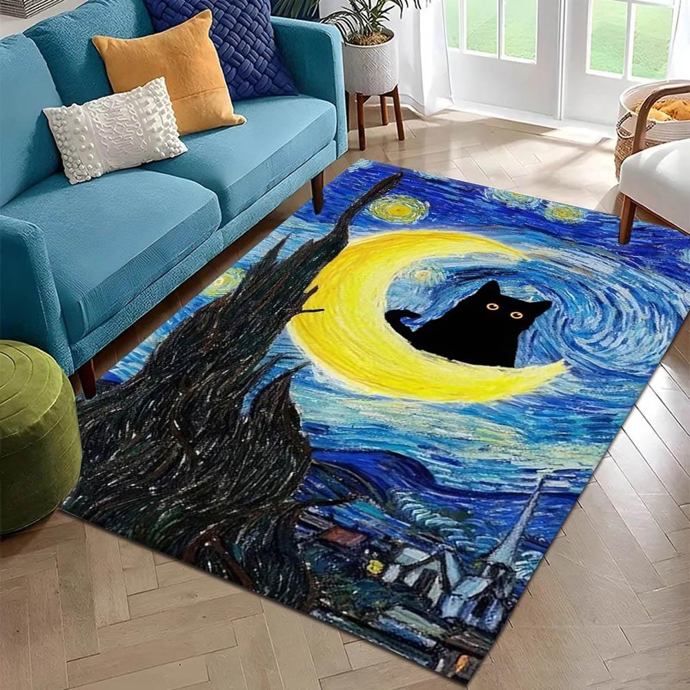 3D Black Cat K-Klimt Garden Flowers Carpet Rug for Art Living Room Decor Sofa Home Gifts Kids Game Area Rug Non-slip Floor Mat
