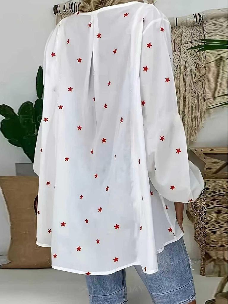 2025 Autumn V-neck Star Print Drawstring Comfortable Casual Loose Batwing Sleeve Pullover