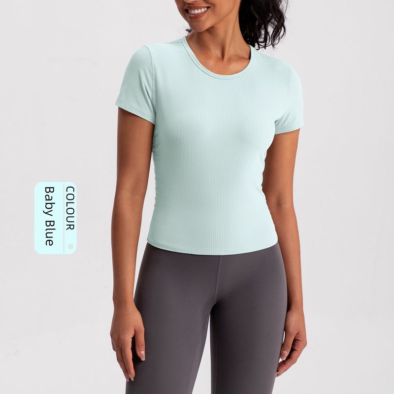 

Новая одежда для йоги Женская футболка с коротким рукавом в рубчик для бега и тренировок, сексуальная с красивой спиной, короткая, облегающая, быстросохнущая, для упражнений Baby Blue XL