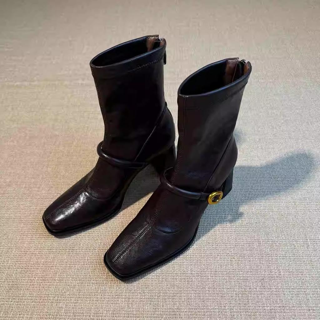 Mode High Heels Damen Stiefeletten Eckige Zehenpartie Klobige Schuhe Pumps Frau Neu 2025 Winter Trend Designer Elegant Chelsea Botas De Mujer