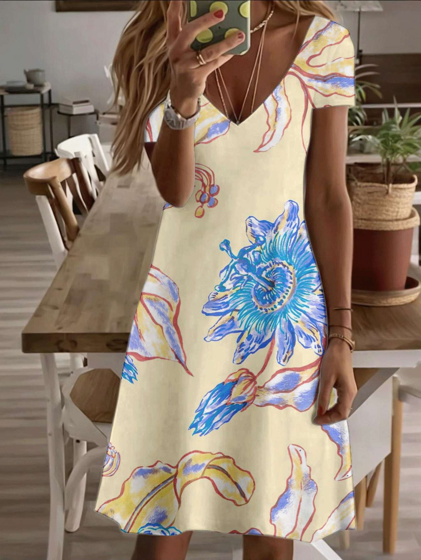 

Vneck shortsleeve midi dress floral passion flower print pattern 3D premium printing durable casual fashion elegant summer beach outfit breathable sof 9XL дубильная кора