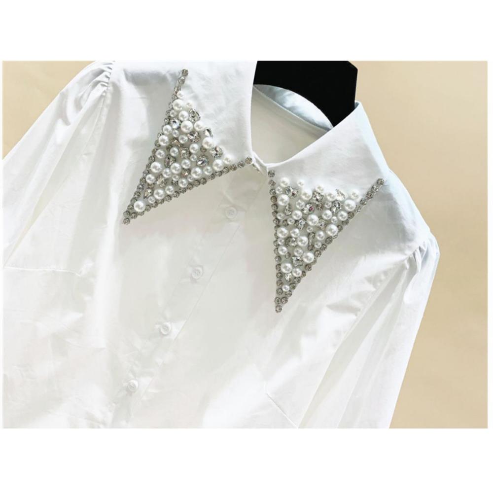 Luxury Embroidered Flares Diamonds Doll Collar Women Spring New Loose Lapel Collar Long Sleeved Solid Color Comfortable Shirt