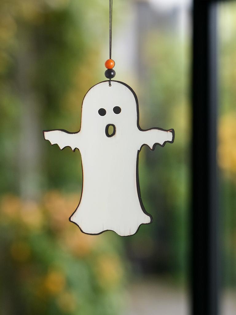 Halloween Wooden Ghost Hanging Ornament, Cute Ghost with Beads Design, Window & Wall Decor Pendant for Home Bedroom Living Room