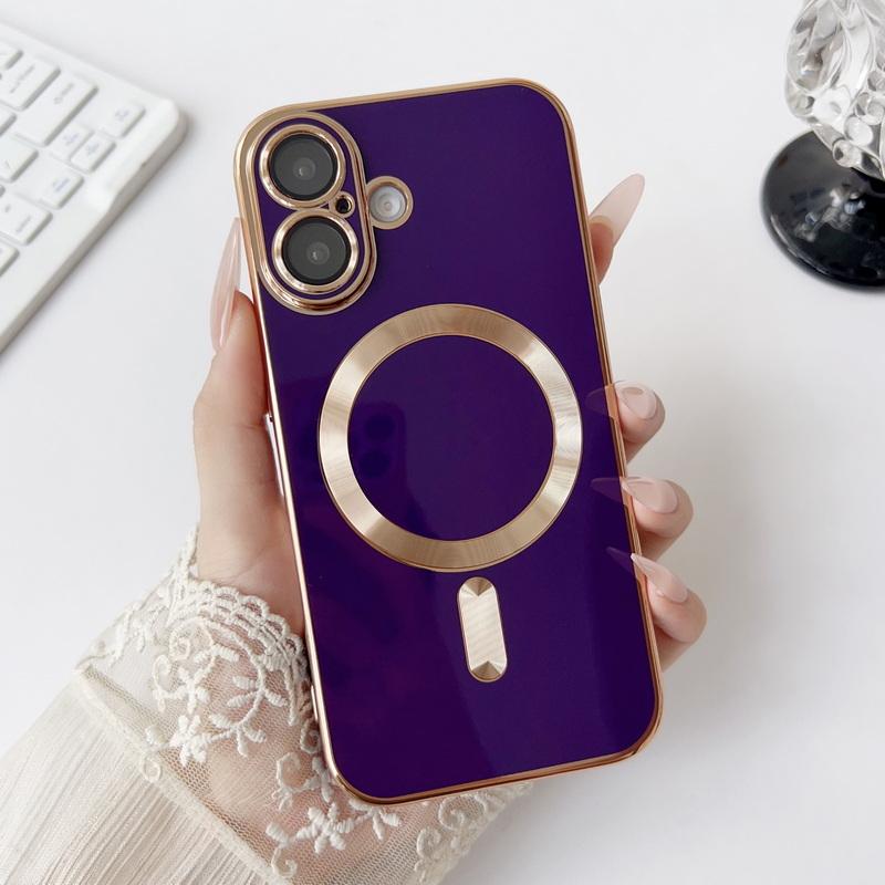 

Для iPhone 16 Pro 15 14 Plus 13 12 Pro Max 11 гальваническое покрытие с линзами для Magsafe магнитный ударопрочный мягкий TPU однотонный тонкий чехол iPhone 11 темно-фиолетового