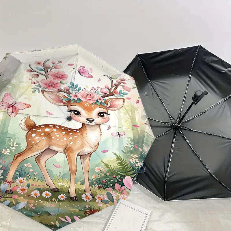 1PC Deer Flowers Umbrella-8-Rib Reinforced, Automatic Open, Lightweight & Durable, Fashion Accessory for Outdoor, H0355