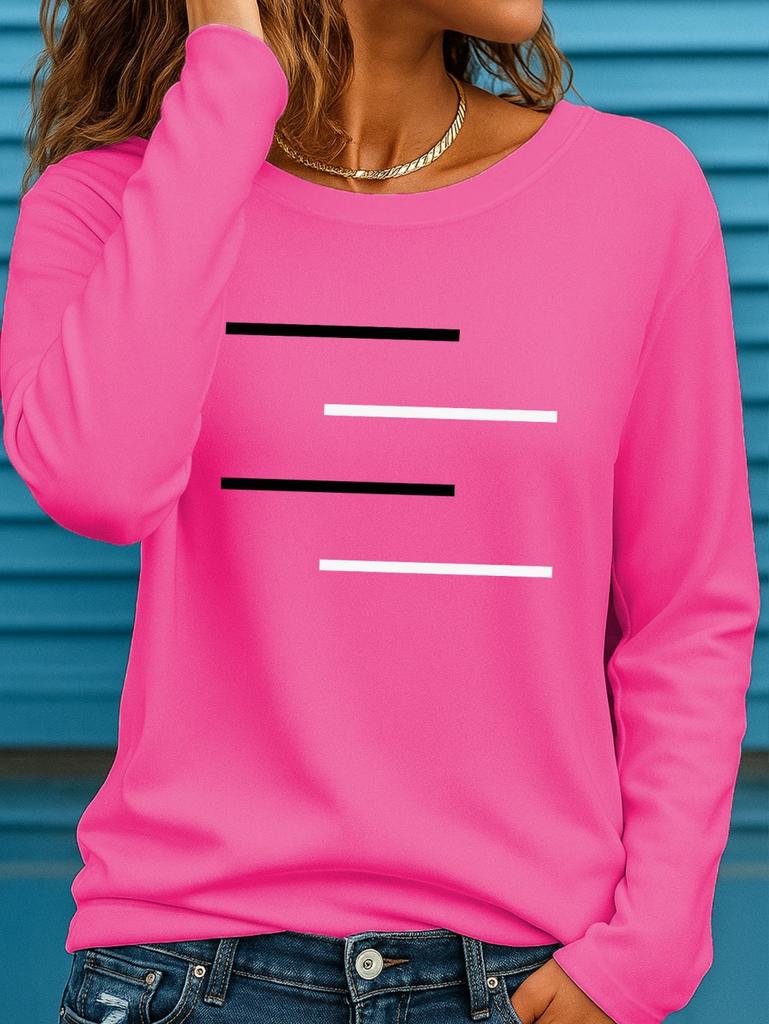 Women's Long Sleeves T-Shirts Casual Loose Black and White Lines Pattern Round Neck Short Sleeved T-Shirt Fall Female Clothing