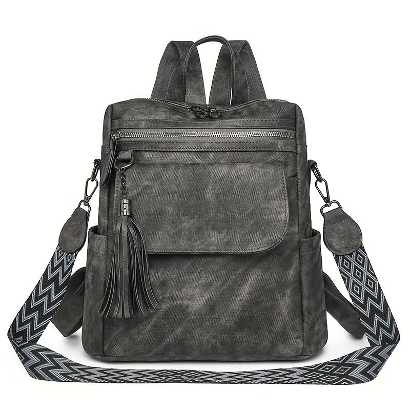 Retro Damen Rucksack Geldbörse - Synthetisches Leder, Magnetverschluss, Abnehmbare Träger, Quastenakzent, Braun/Grauer Denim-Stil, Vielseitige Umhängetasche