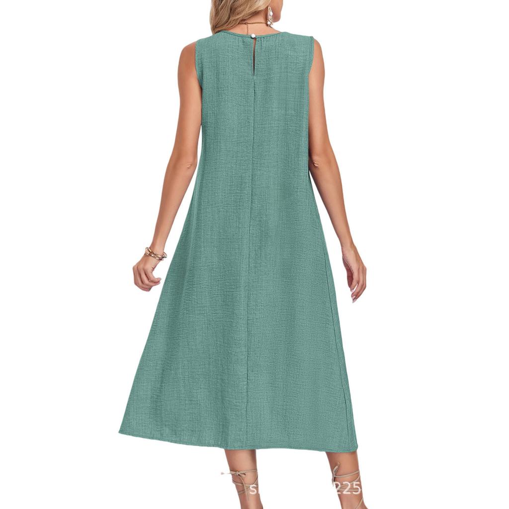 Women's Fashion -Color Round-Neck Sleeveless Casual Dress With Pockets
