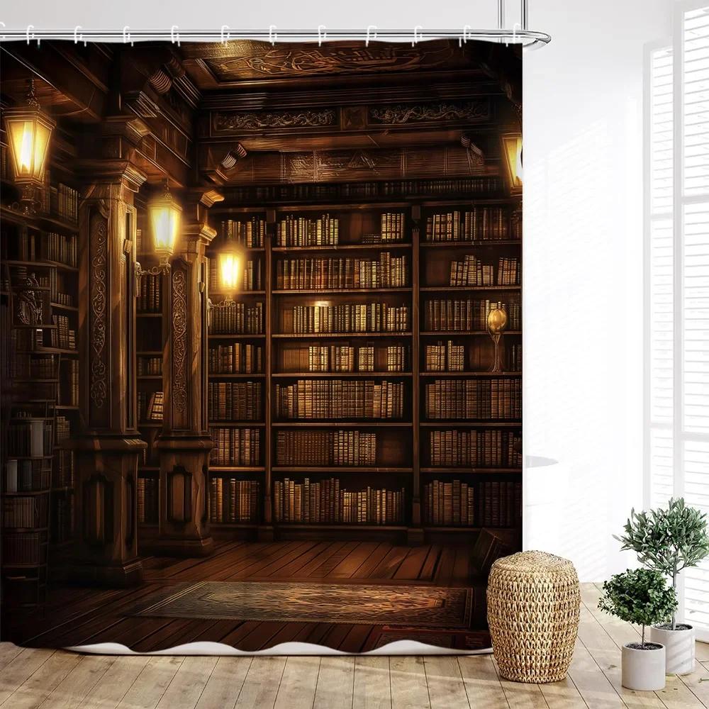 

Vintage Bookshelf Shower Curtain, Magic Books Old Bookshelf Candles Ancient Attic Print Home Bathroom Decor With Hooks W60H190(CM)-1 Pcs