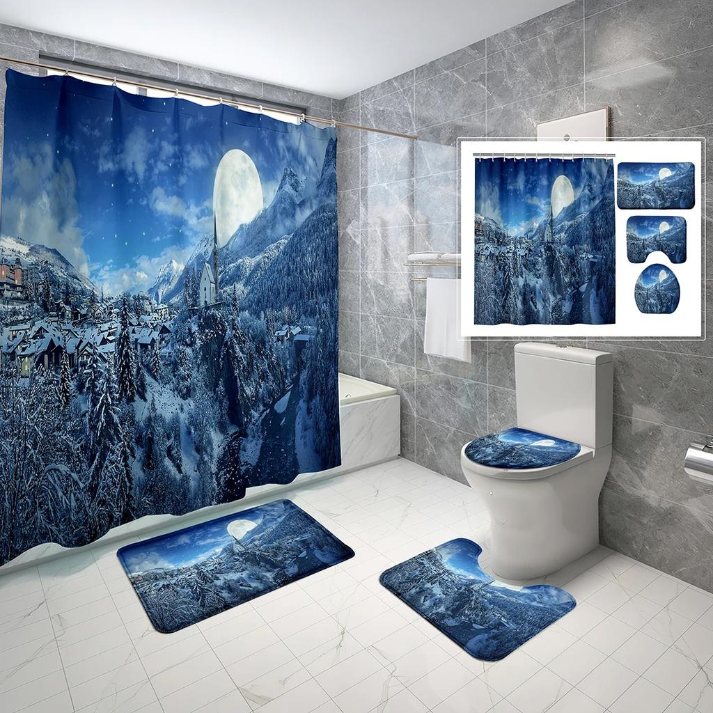 Snow Mountain Shower Curtain Set Waterproof Winter Natural Scenery Shower Curtain With Hook Non-Slip Bath Mat Toilet Lid Cover