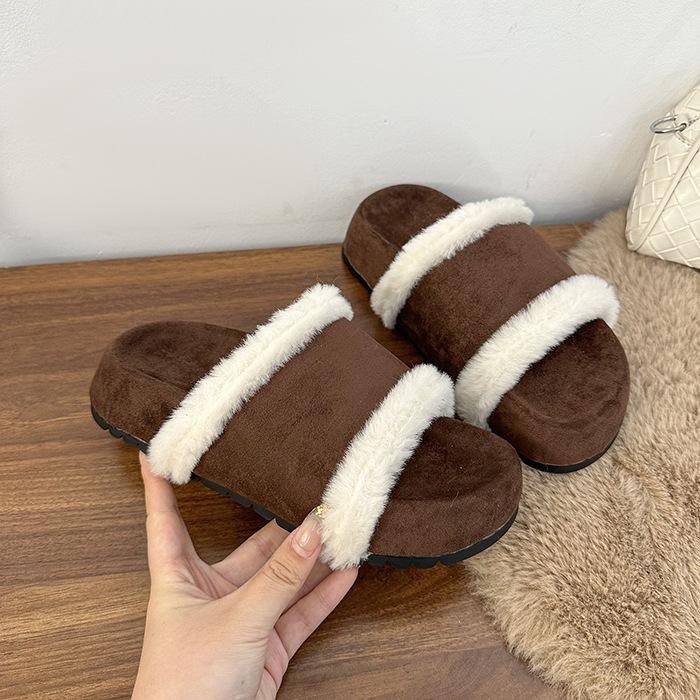 High version 2025 autumn and winter sheepskin integrated cork bottom thick bottom one word open toe fashion casual warm fluffy slippers