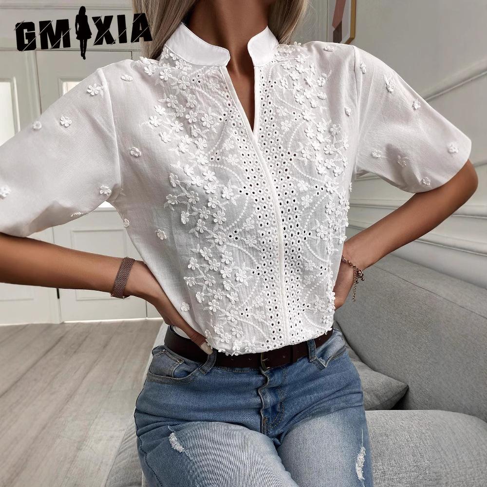 GMXIA Women's Fashion Casual Solid Color Print Short Sleeve V Neck Blouses & Shirts