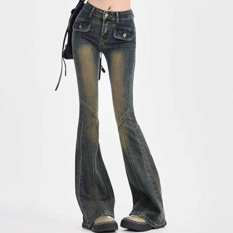 Kadın Yüksek Bel Elastik Birleştirilmiş Geniş Paça Kot Pantolon Kadın Vintage Dar Kesim İspanyol Paça Pantolon Bayan Mavi Siyah Gri Kot Pantolon Büyük Beden