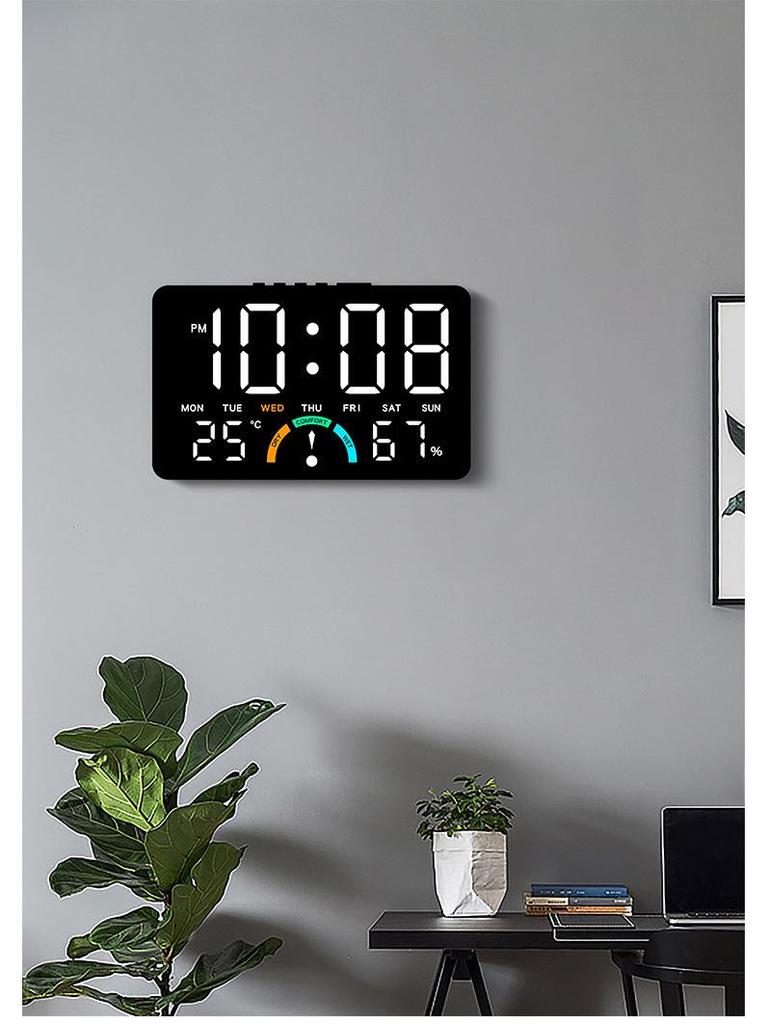 GH9007 Multifunctional LED Clock: Large Screen, Wall-Mountable & Tabletop, with Temperature, Humidity, and Alarm Features.