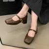 French retro square head light mouth single shoes women's middle heel spring and autumn evening temperament fairy thick heel Mary Jane small leather s