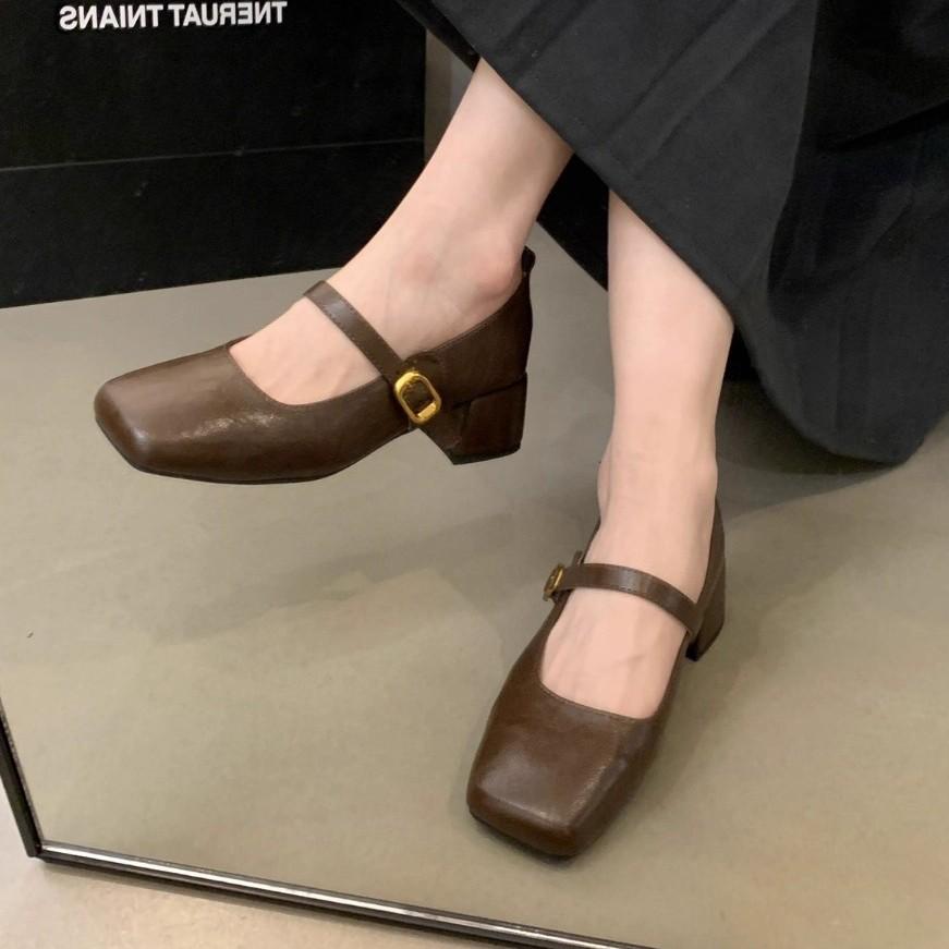French Retro Square Head Light Mouth Single Shoes Women's Middle Heel Spring and Autumn Evening Temperament Fairy Thick Heel Mary Jane Small Leather S
