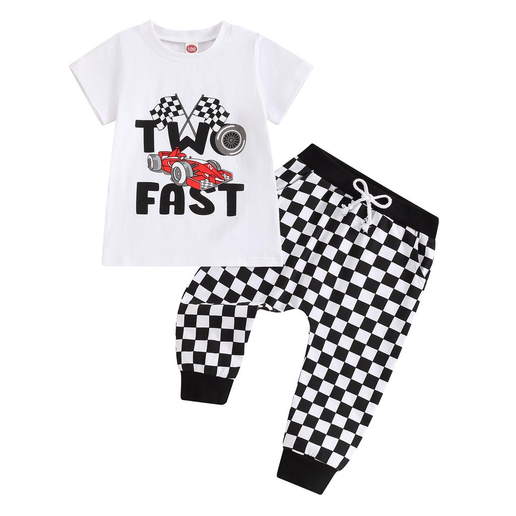 Baby Boys Birthday Outfit Summer Racing Car Print Short Sleeve T-Shirt and Checkerboard Pants Cute Clothes Set