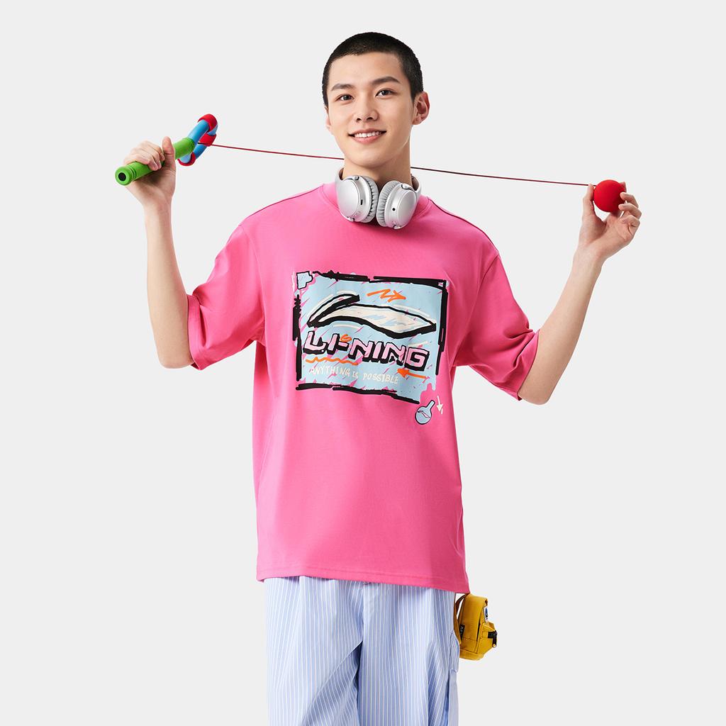 Li-Ning Comfortable Simple Letter Round Neck Breathable Versatile Loose Short Sleeve T-Shirt Men Tops Energy-Pink Square ATSV507-9