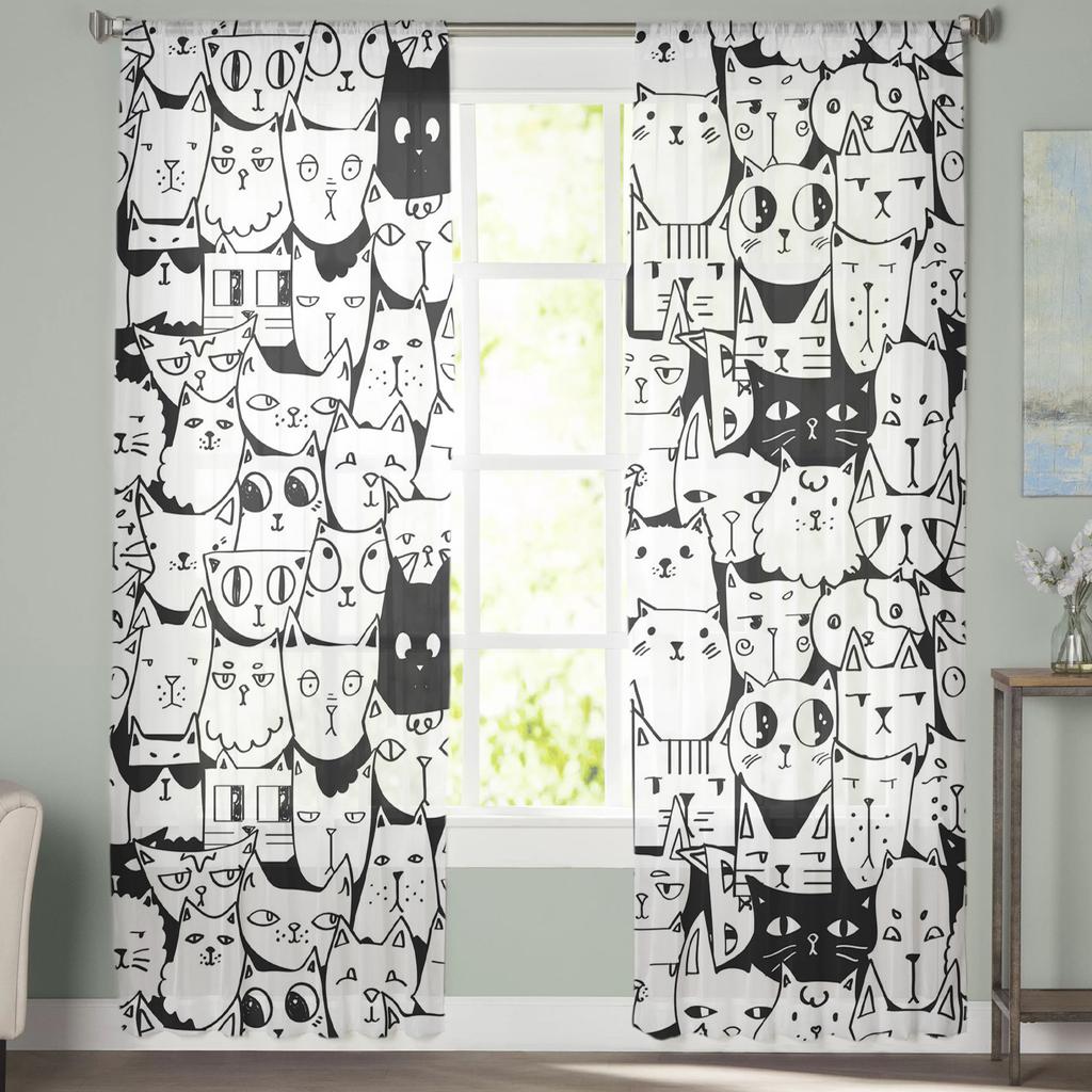 Tiulowe zasłony do salonu Kot Słodki Szkic Sypialnia Gabinet Okno Przezroczyste Zasłony Kuchnia Balkon Wnętrze Woalowe Zasłony