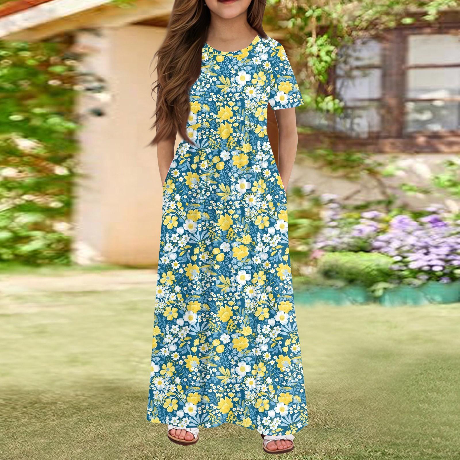 

Длинное летнее платье для девочек - платье макси с короткими рукавами и карманами для детей 4-14 лет 110