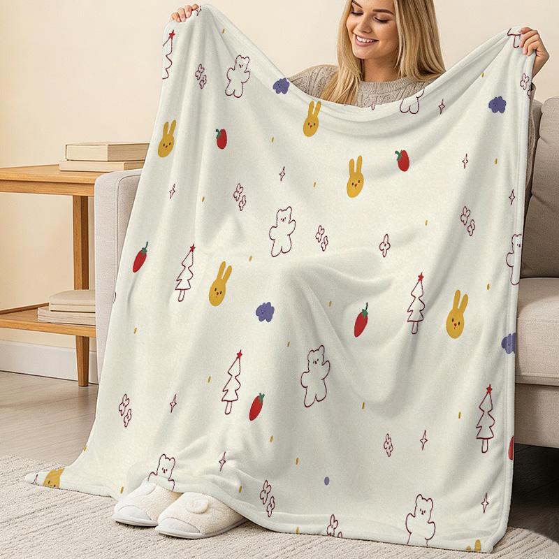 Thick Warm Flannel Blanket - Cartoon Bunny & Bear Print, Soft Cozy for Home Leisure, Guest Room Single Use, Ideal for Halloween & Christmas Decor