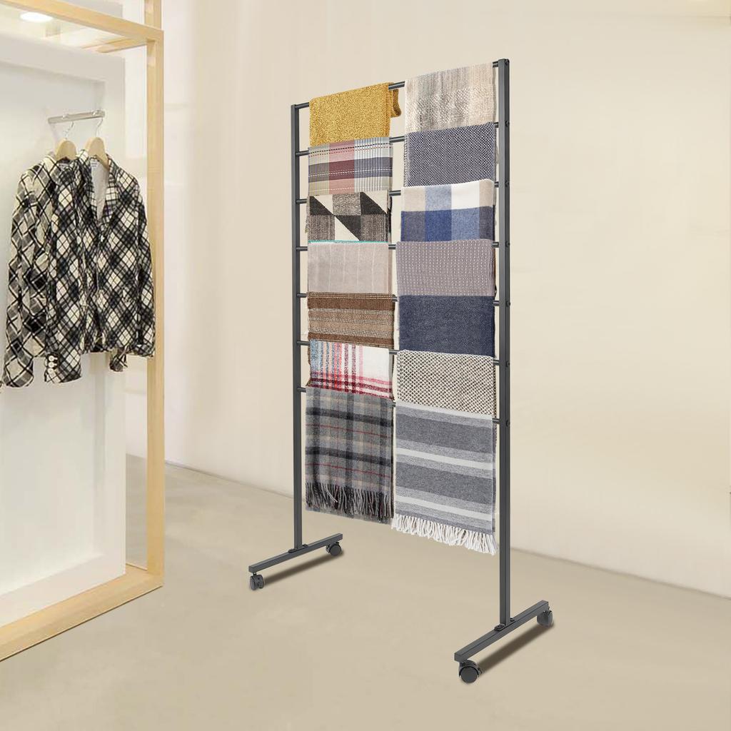 Multi-Use 7-Tier Rolling Rack for Scarves, Apparel, Accessories, Modern Rectangular Display Stand with Wheels, Storage Organizer