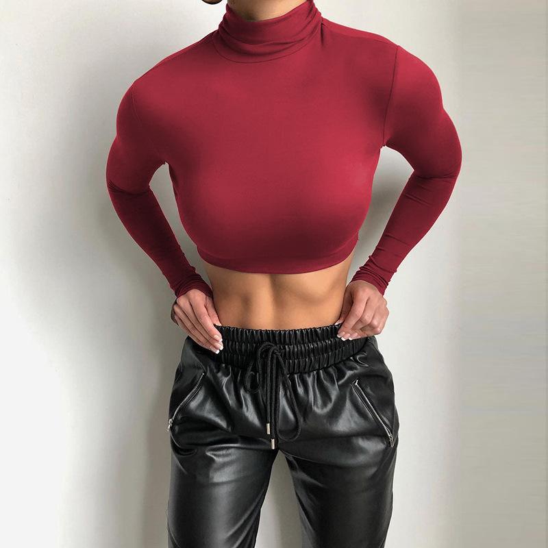 Otoño Mujer Ins Sexy Ajustado Crop Top Manga Larga Cuello Alto