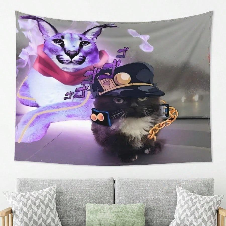 

Meme Cat Tapestry Purple Lynx Black Cat Print Polyester Wall Hanging Funny Otaku Decor for Bedroom Living Room 74x94cm(29x37in)
