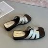One-character Cool Slippers Women's Flat Bottom Drag Summer Fashion Solid Color Soft Leather Square Head Open-toed Casual Women's Slope and Cool Sl