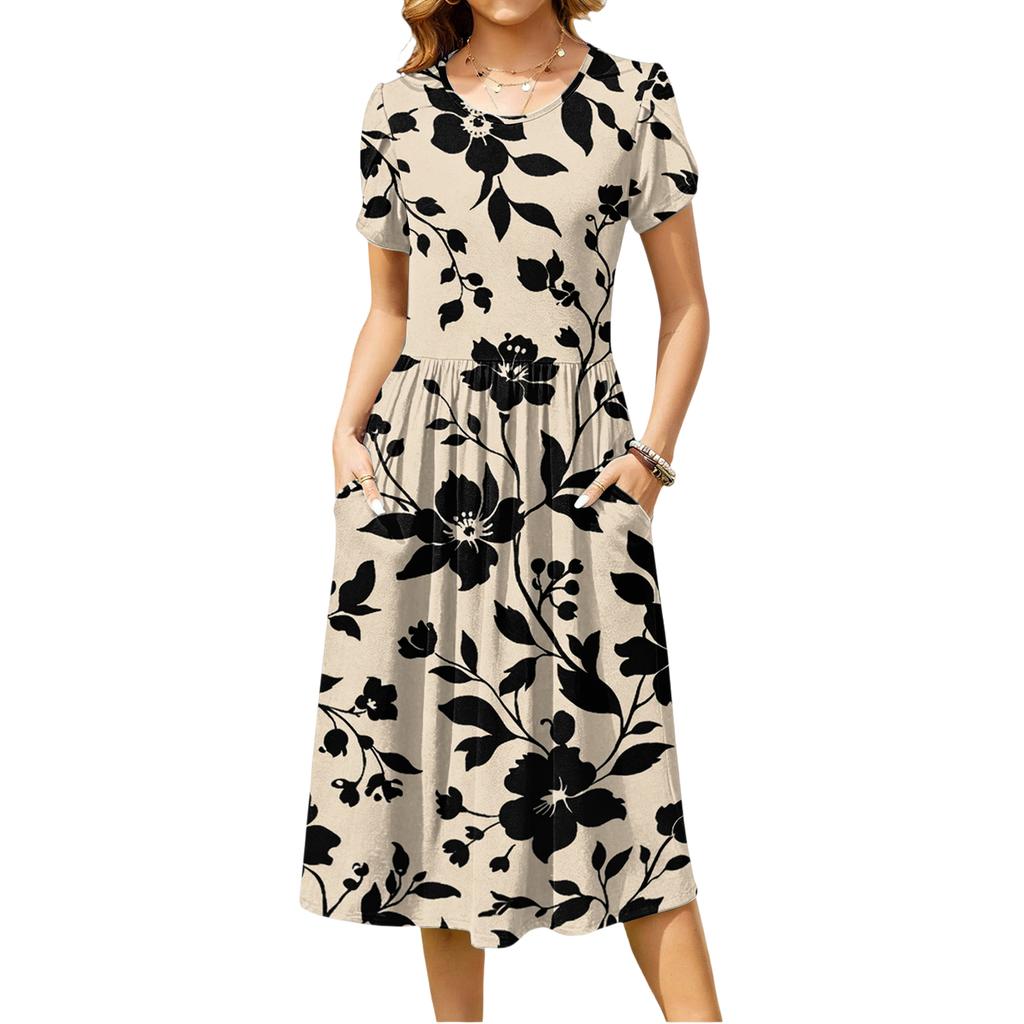 Women's Fashion Casual Loose Floral Print Round Neck Pocket Short Sleeve Dress