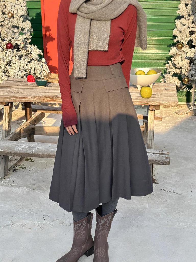 Lanmi Grey Wool-Blend Knitted A-line Pleated Midi Skirt for Women, Winter