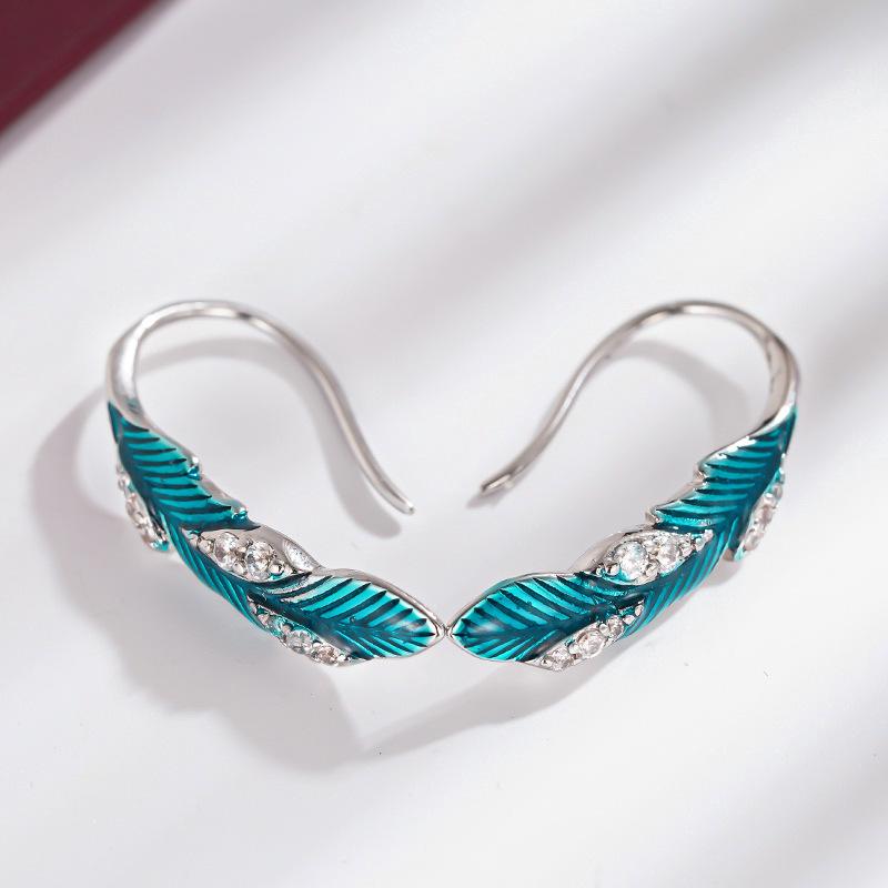Micro-inlaid zircon stud earrings for women, exquisite feather oil accessories TikTok
