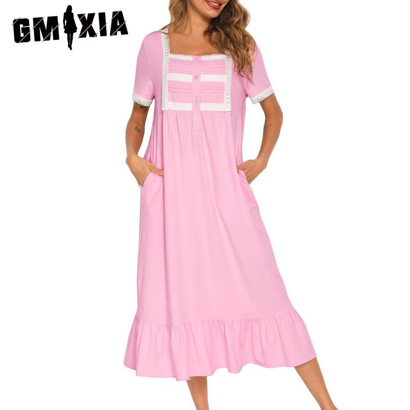 

GMXIA Весенне-летние пижамы с коротким рукавом, платья принцесс, ночные рубашки, платья, домашняя одежда XXL розовый