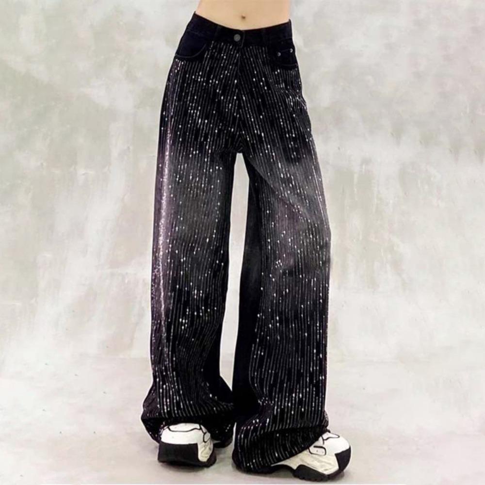 Women's High Waist Wide Leg Jeans Loose Gradient Rhinestone Shiny Straight Denim Pants
