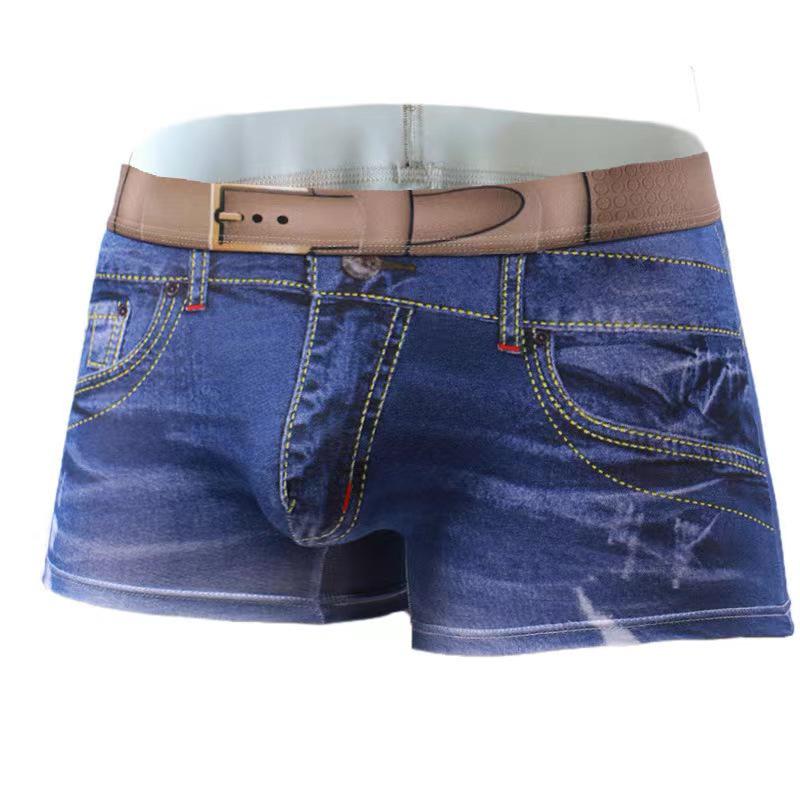 Men's 3D Faux Denim Print Boxer Briefs, Cotton Underwear Trendy Trunk.