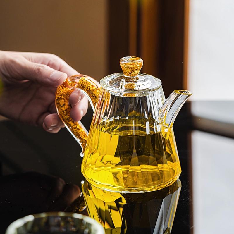 Crystal Glass Teapot Household High-grade Gold Foil Transparent Teapot Office Kung Fu Tea Set Living Room Table Decoration