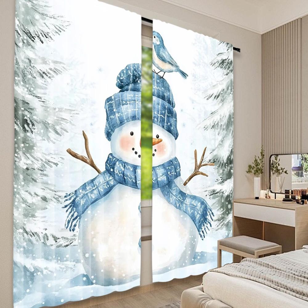 2pcs 2D Flat Printing Christmas Party Curtain Blue Snowman and Bird 100% Polyester Fabric Without Electricity Birthday Party for
