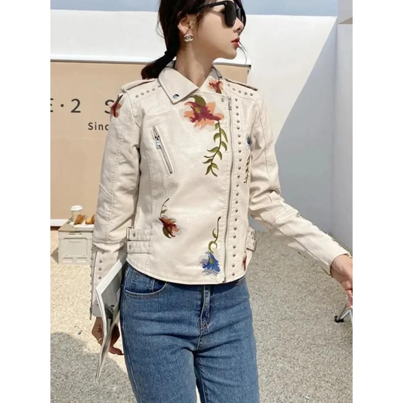 PU Leather Embroidered Rivet Coat Moto & Biker Streetwear Zipper Overcoat Women's Jackets Spring Clothes