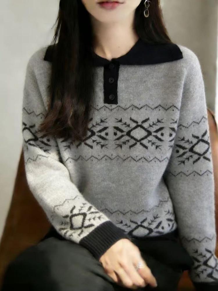 Women's Snowflake Jacquard Wool Sweater - Loose Button-Up Pullover for Spring/Autumn