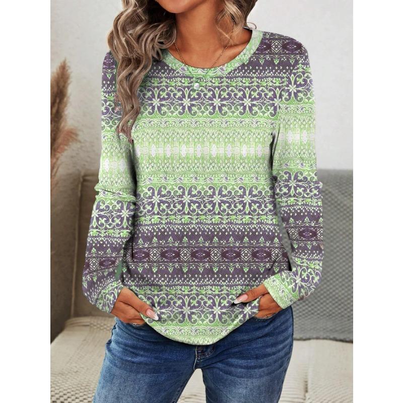 Women's T-shirt 3D Retro Ethnic Print Fashion Long Sleeve Round Neck Regular Top Holiday Weekend Spring Autumn